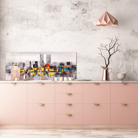 Toughened printed glass backsplash - Wide format steel coated wall glass backsplash: New York landscape oil painting