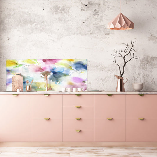Spritzschutz aus gehärtetem, bedrucktem Glas – Breitformatiger Spritzschutz aus stahlbeschichtetem Glas: Aquarellblumen 