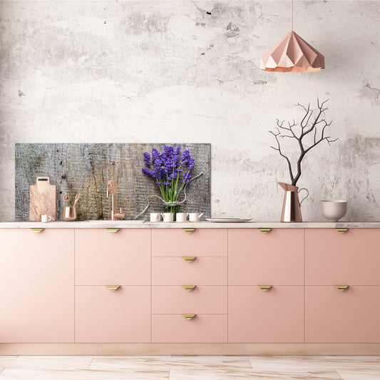 Toughened printed glass backsplash - Wide format steel coated wall glass backsplash: Lavender flowers on wood