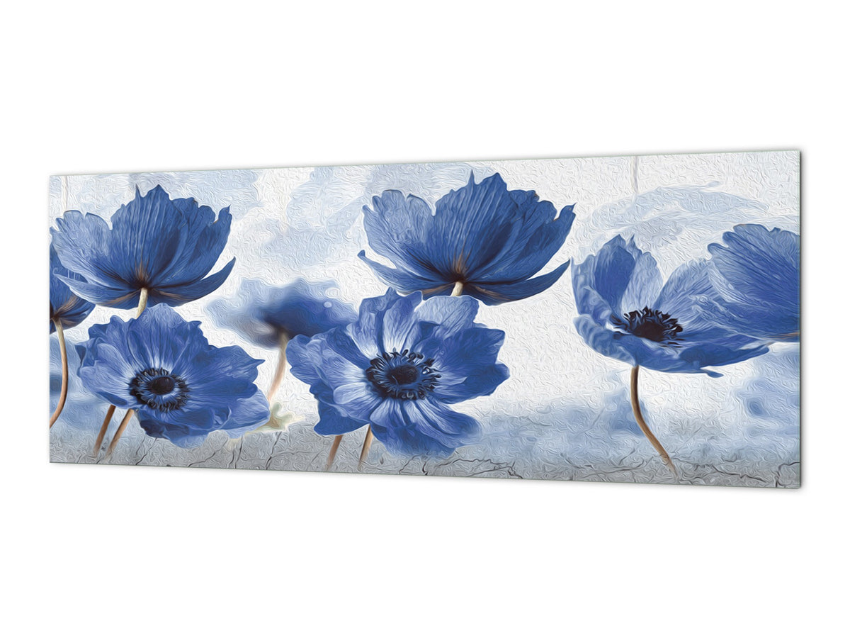 Toughened printed glass backsplash - Wide format steel coated wall glass backsplash: Blue flowers in abstract