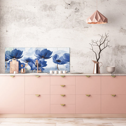 Toughened printed glass backsplash - Wide format steel coated wall glass backsplash: Blue flowers in abstract