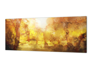 Toughened printed glass backsplash - Wide format steel coated wall glass backsplash: Abstract yellow forest