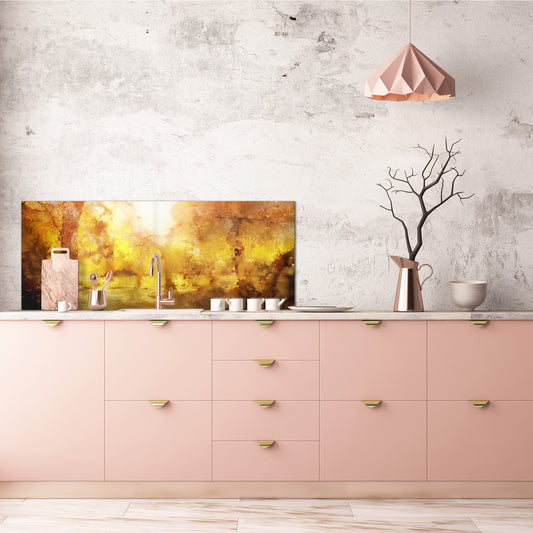 Toughened printed glass backsplash - Wide format steel coated wall glass backsplash: Abstract yellow forest