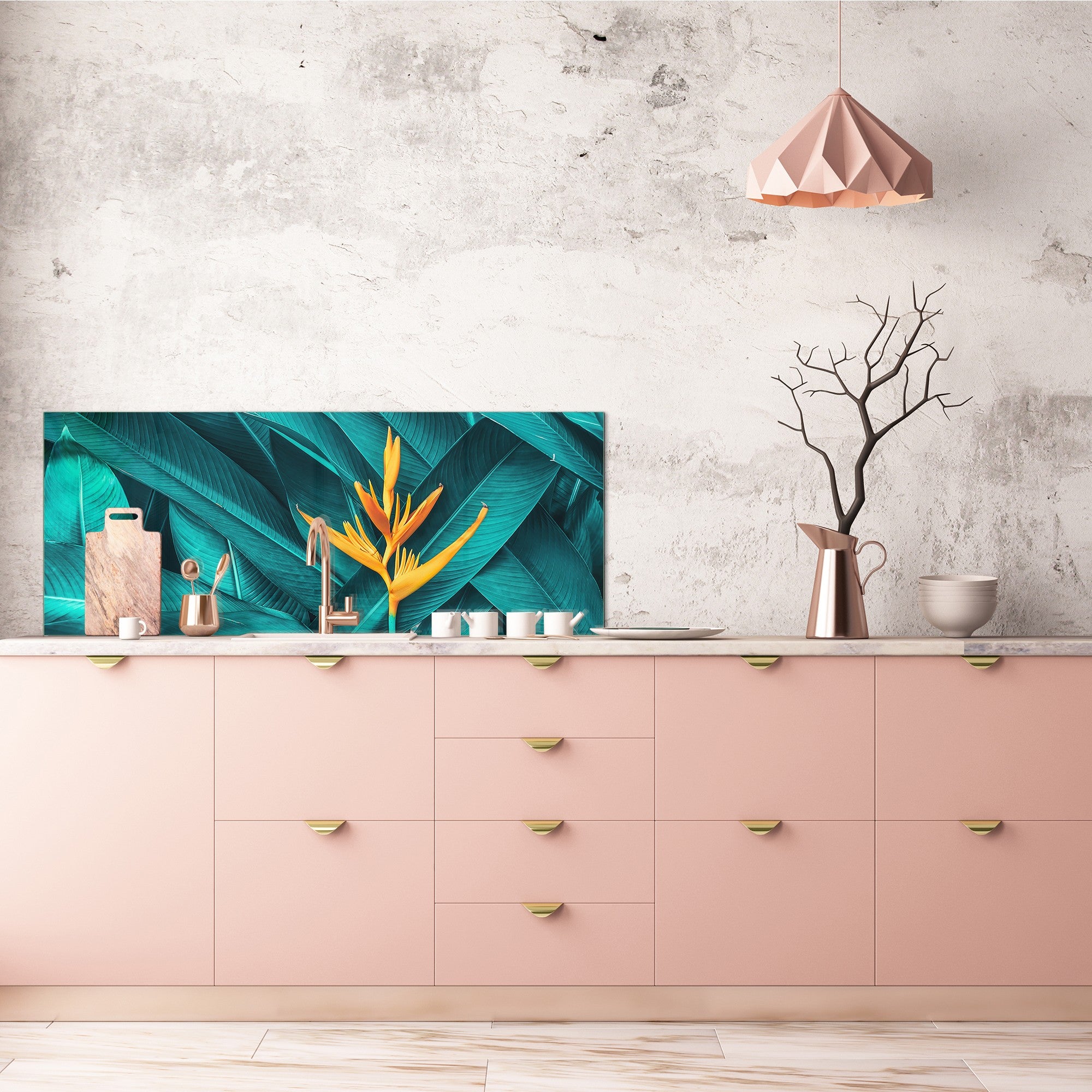 Toughened printed glass backsplash - Wide format steel coated wall glass backsplash: Dark tropical foliage with orange flower