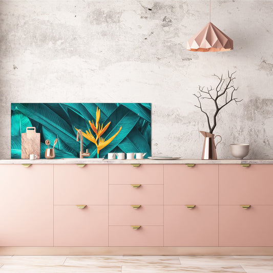 Toughened printed glass backsplash - Wide format steel coated wall glass backsplash: Dark tropical foliage with orange flower