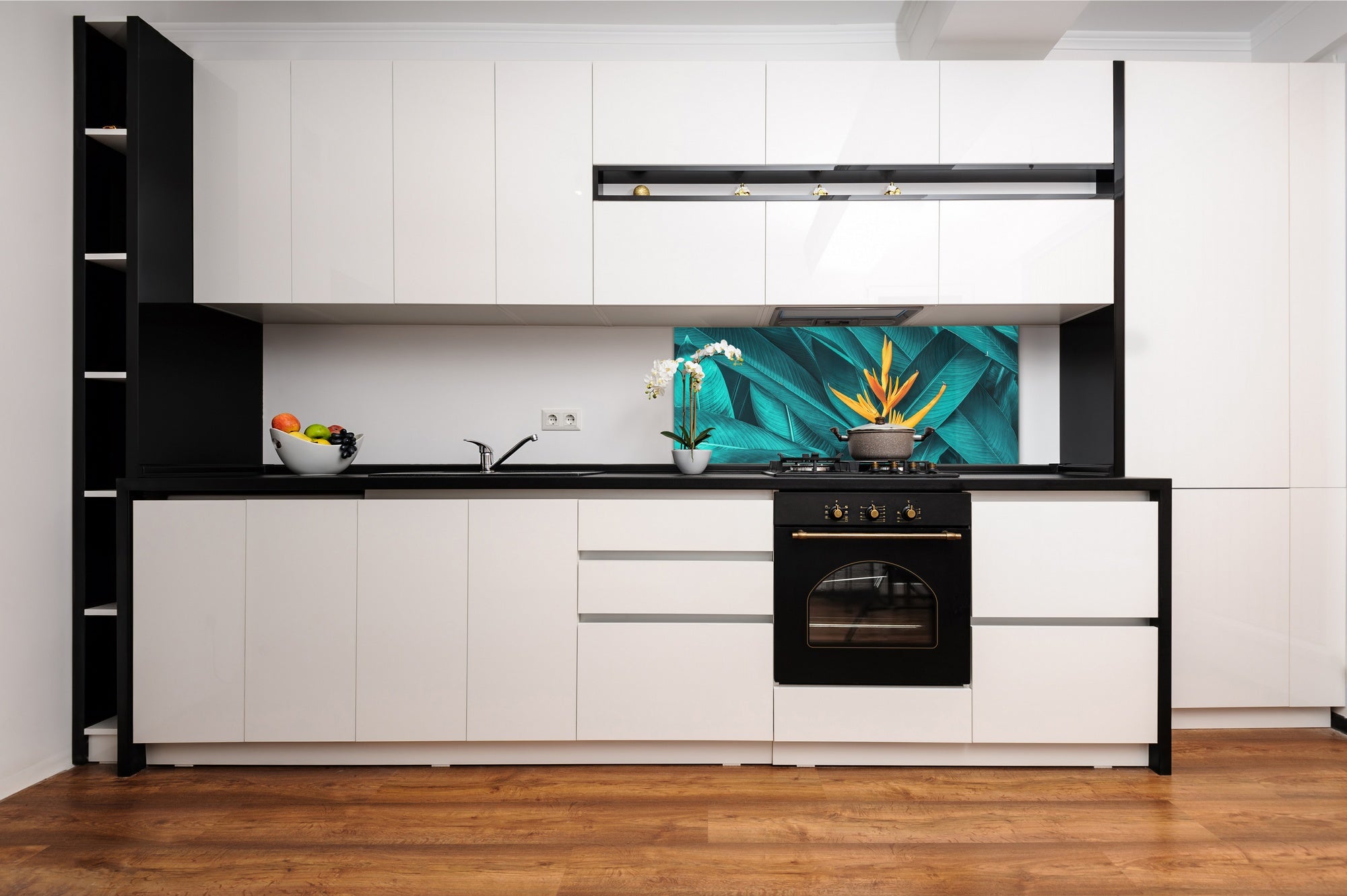 Toughened printed glass backsplash - Wide format steel coated wall glass backsplash: Dark tropical foliage with orange flower