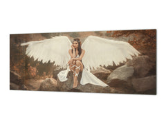 Toughened printed glass backsplash - Wideformat steel coated wall glass splashback: White archangel descended from heaven