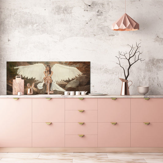 Toughened printed glass backsplash - Wideformat steel coated wall glass splashback: White archangel descended from heaven