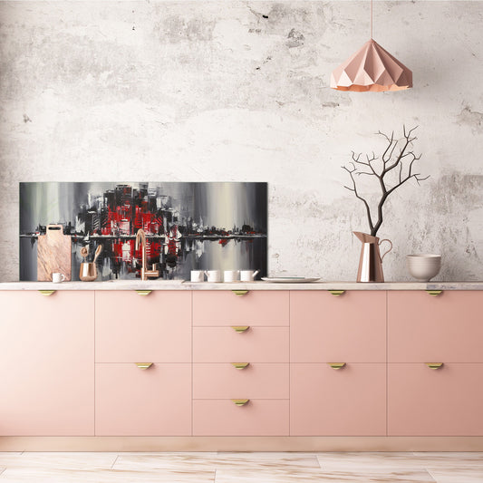 Toughened printed glass backsplash - Wideformat steel coated wall glass splashback:  City landscape in dark