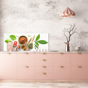 Toughened printed glass backsplash - Wideformat steel coated wall glass splashback:  Herbs and spices  aerial view