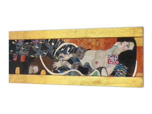 Wide-format glass kitchen panel with and w/o stainless steel metal back-coating: Judith I by Gustav Klimt