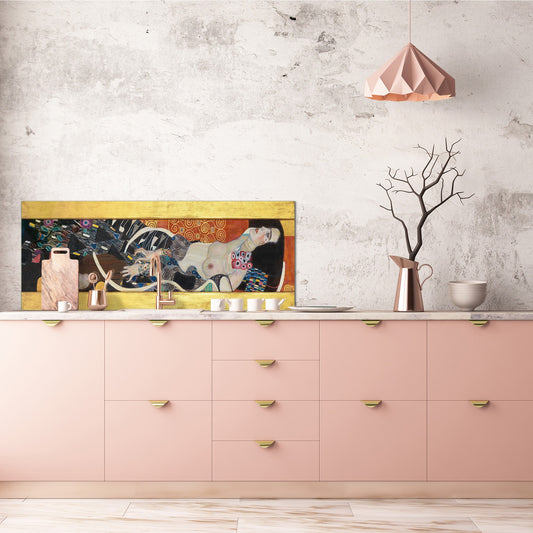 Wide-format glass kitchen panel with and w/o stainless steel metal back-coating: Judith I by Gustav Klimt