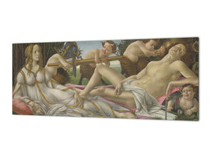 Wide-format glass kitchen panel with and w/o stainless steel metal back-coating: Venus and Mars by Sandro Botticelli 1485