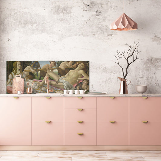 Wide-format glass kitchen panel with and w/o stainless steel metal back-coating: Venus and Mars by Sandro Botticelli 1485