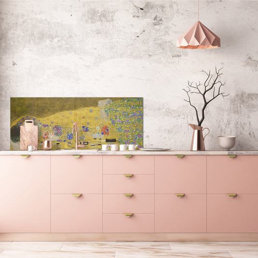 Wide-format glass kitchen panel with and w/o stainless steel metal back-coating: The Kiss by Gustav Klimt