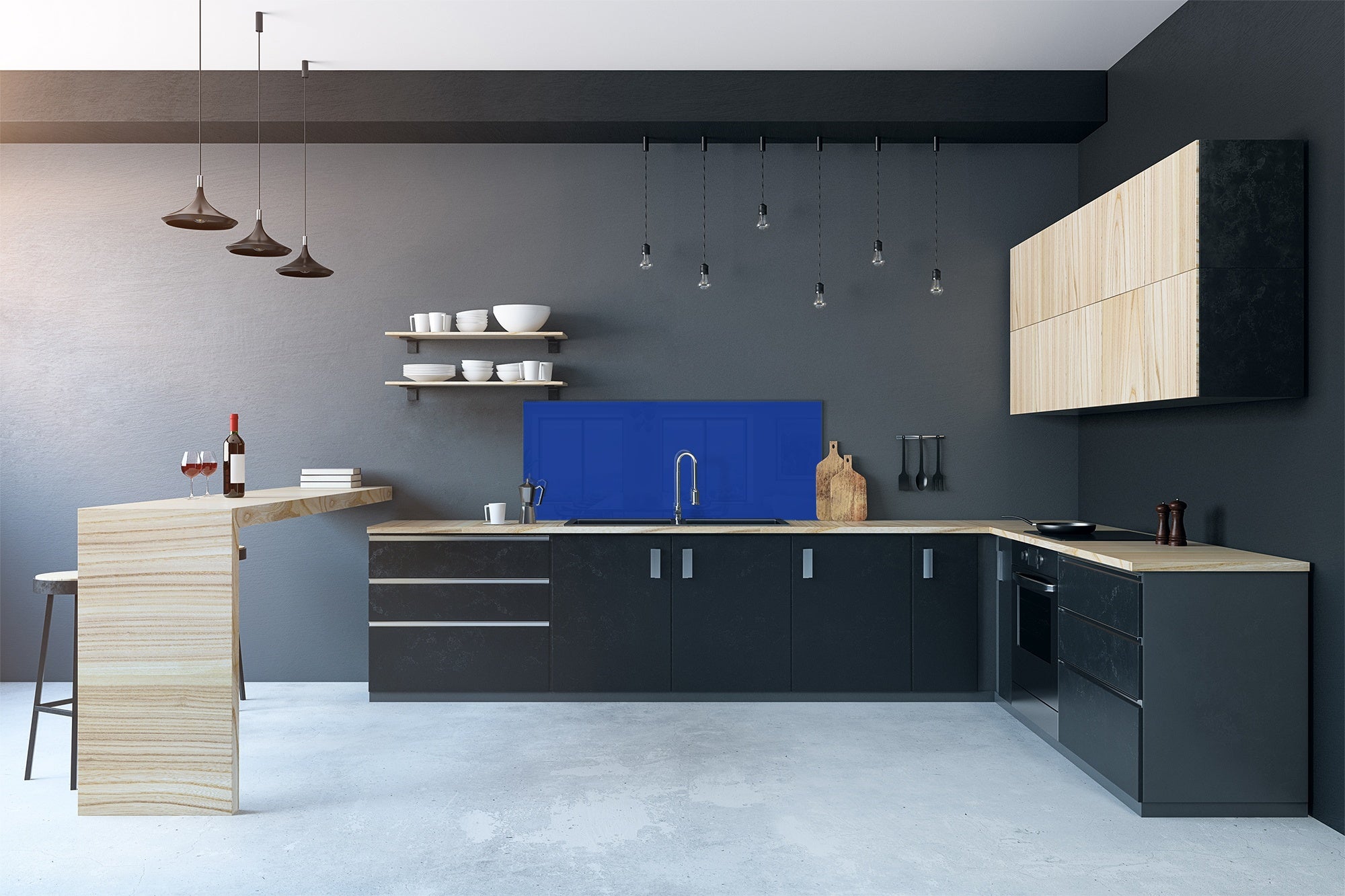 Glass kitchen panel with and w/o stainless steel back-coating: Royal Navy Blue