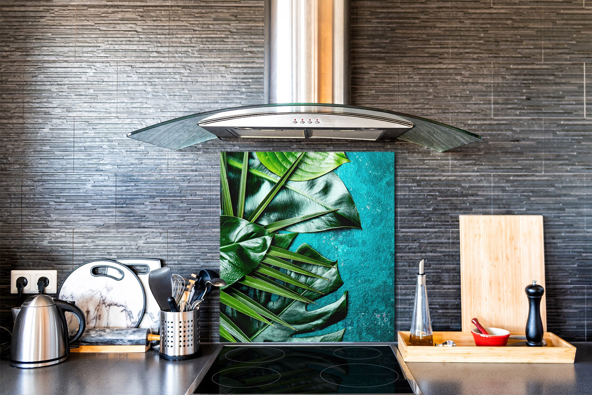 Toughened glass backsplash – Art glass design printed glass splashback NBS11 Tropical Leaves Series: Tropical leaves background