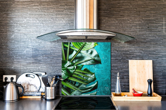 Toughened glass backsplash – Art glass design printed glass splashback NBS11 Tropical Leaves Series: Tropical leaves background