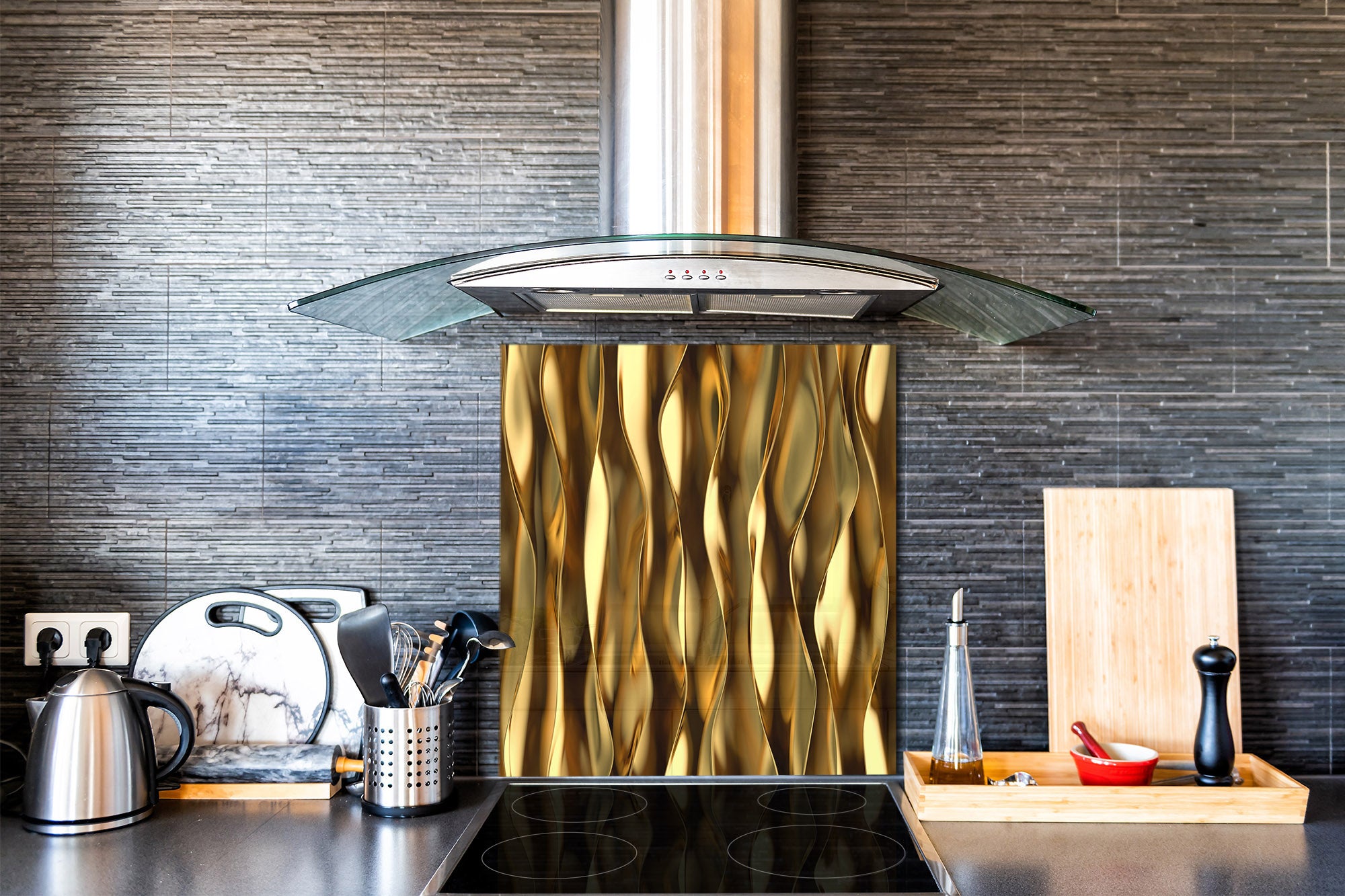 Stylish Tempered glass backsplash – Glass kitchen splashback – Glass upstand NBS08 Golden Waves Series: Liquid gold 1