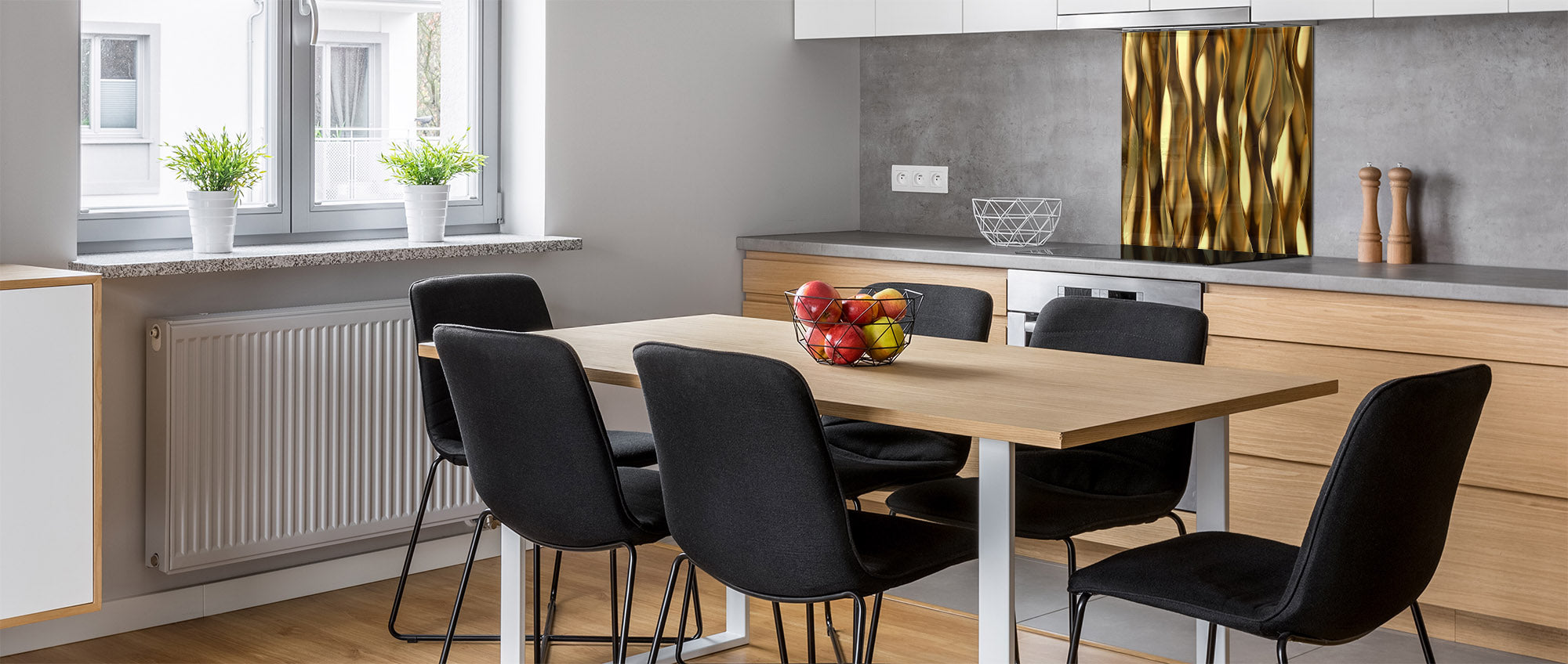 Stylish Tempered glass backsplash – Glass kitchen splashback – Glass upstand NBS08 Golden Waves Series: Liquid gold 1