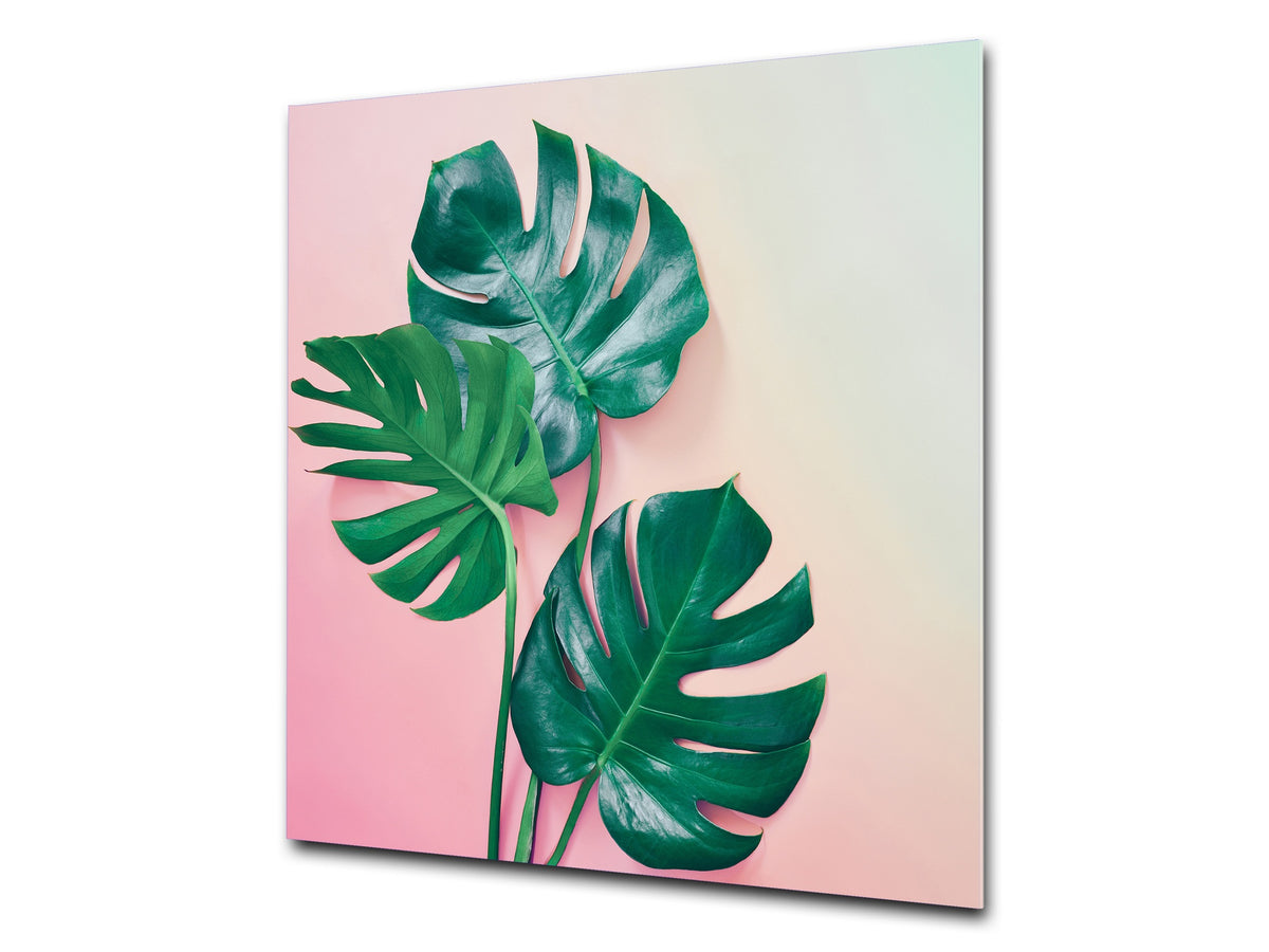 Toughened glass backsplash – Art glass design printed glass splashback NBS11 Tropical Leaves Series: Monstera on pink background