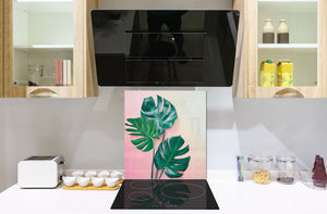 Toughened glass backsplash – Art glass design printed glass splashback NBS11 Tropical Leaves Series: Monstera on pink background