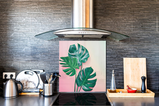 Toughened glass backsplash – Art glass design printed glass splashback NBS11 Tropical Leaves Series: Monstera on pink background