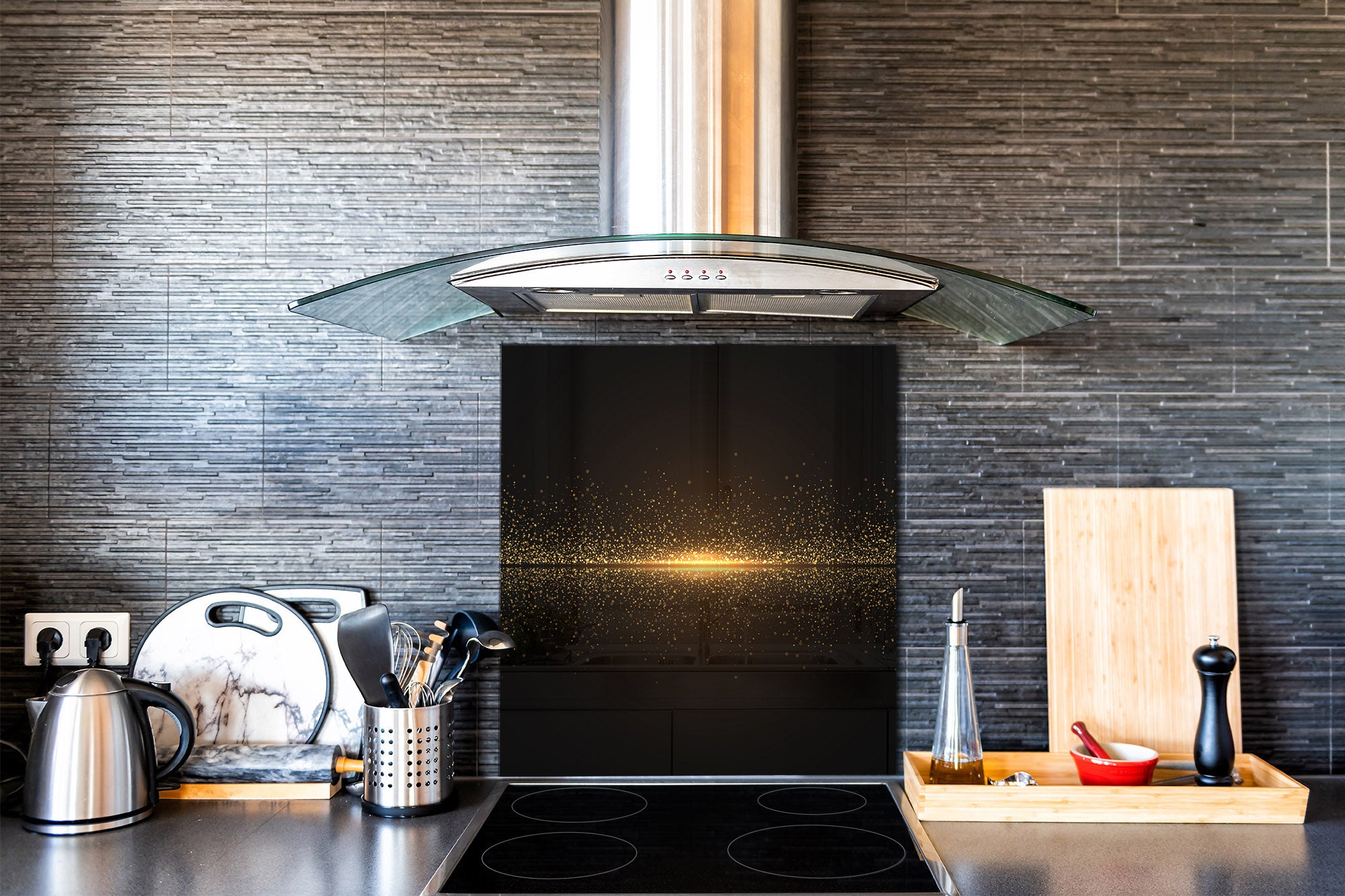 Stylish Tempered glass backsplash – Glass kitchen splashback – Glass upstand NBS08 Golden Waves Series: Sparkling golden dust