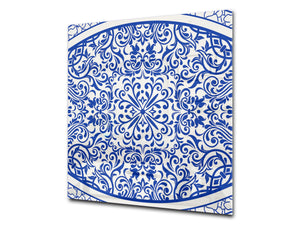 Stunning printed Glass backsplash – Tempered glass kitchen wall panel NBS07 Vintage leaves and patterns Series: Blue Spanish mosaic