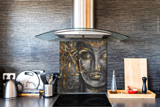 Printed tempered glass backsplash – Glass kitchen splashback NBS13 Abstract Graphics Series: Golden Buddha