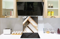 Glass kitchen backsplash – Tempered Glass splashback – Photo backsplash NBS10 Decorative Surfaces Series: Black and white interwoven with gold 1