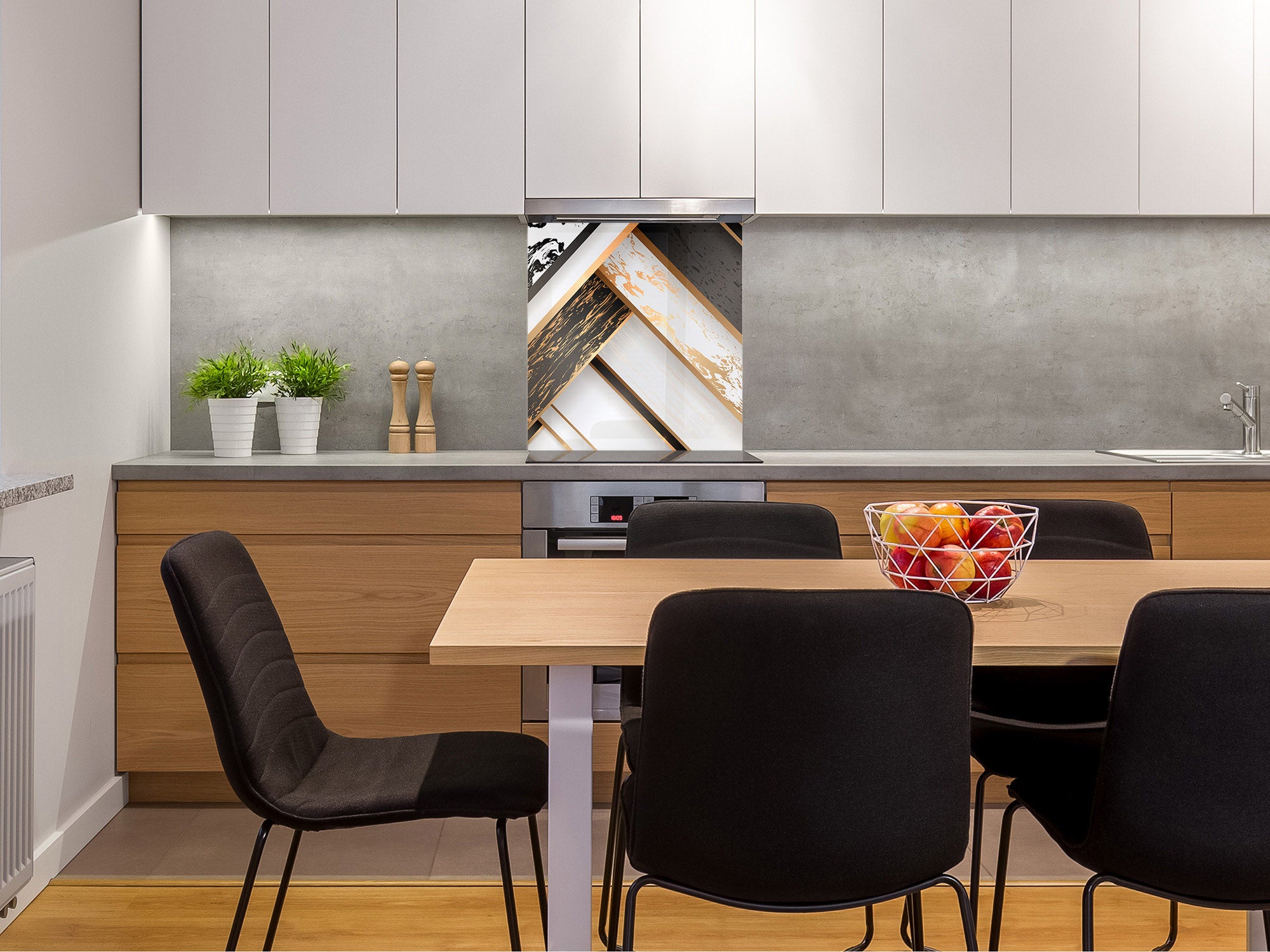 Glass kitchen backsplash – Tempered Glass splashback – Photo backsplash NBS10 Decorative Surfaces Series: Black and white interwoven with gold 1