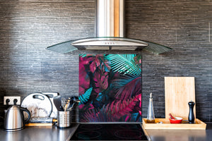 Stunning printed Glass backsplash – Tempered glass kitchen wall panel NBS07 Vintage leaves and patterns Series: Abstract tropical leaves