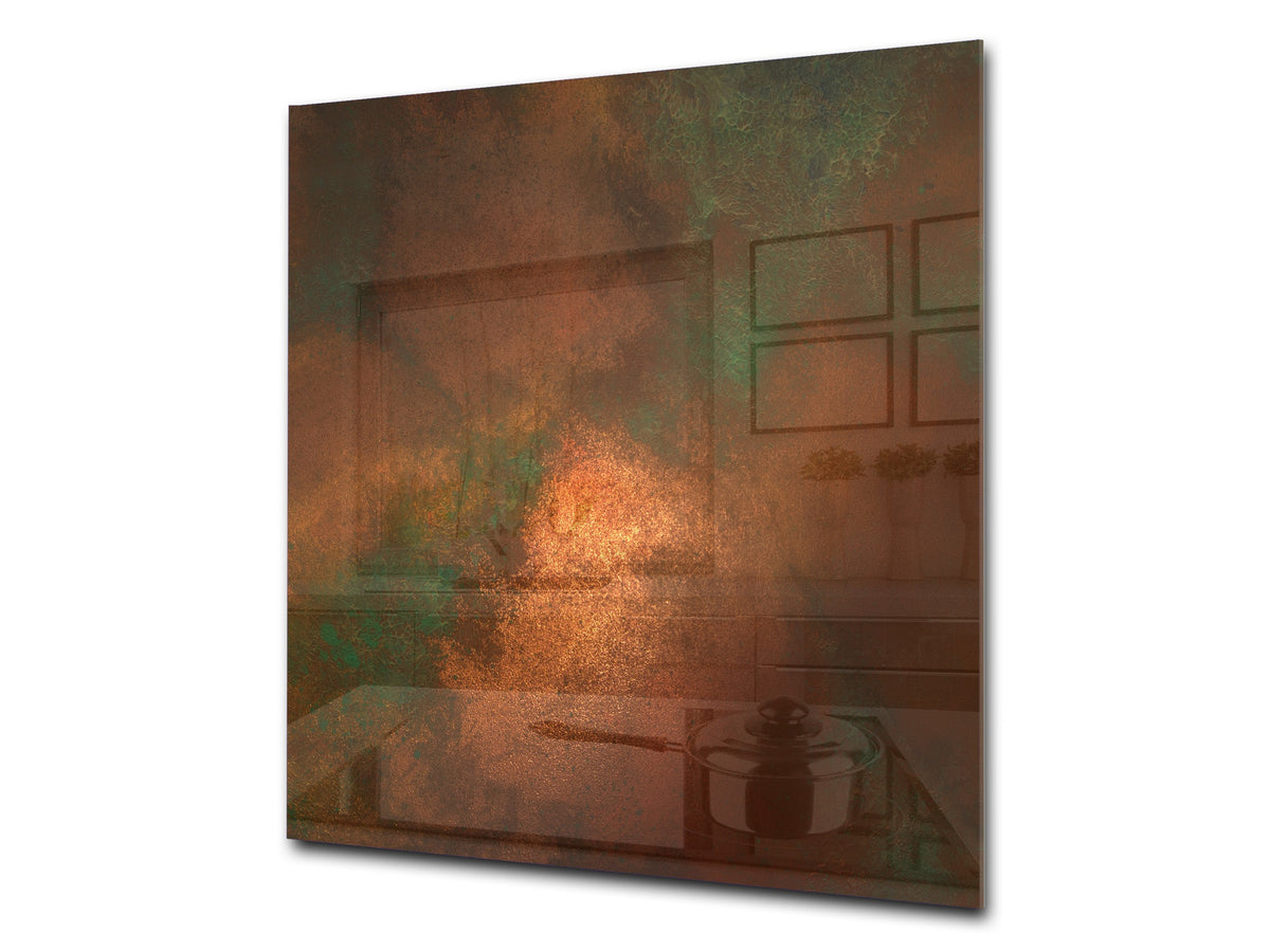 Toughened glass backsplash – Art glass design printed glass splashback NBS04 Rusted textures Series: Oxidized copper with green accents