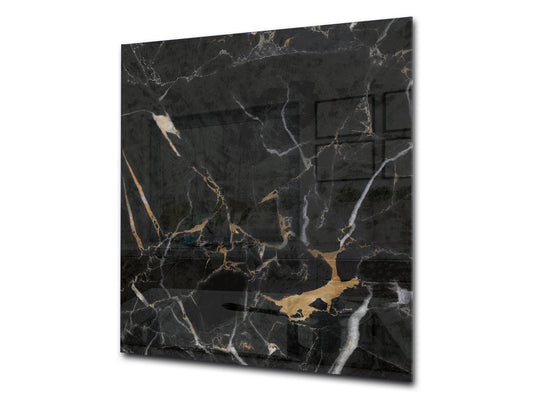 Unique Glass kitchen panel – Tempered Glass backsplash – Art design Glass Upstand NBS02 Marbles 2 Series: Gold ripples on black background