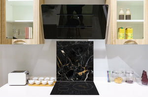 Unique Glass kitchen panel – Tempered Glass backsplash – Art design Glass Upstand NBS02 Marbles 2 Series: Gold ripples on black background