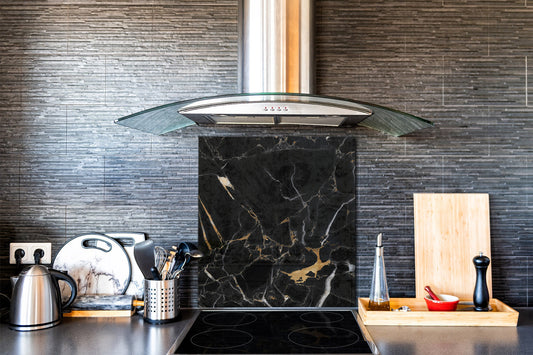 Unique Glass kitchen panel – Tempered Glass backsplash – Art design Glass Upstand NBS02 Marbles 2 Series: Gold ripples on black background