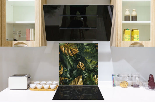 Toughened glass backsplash – Art glass design printed glass splashback NBS11 Tropical Leaves Series: Gold-green jungle