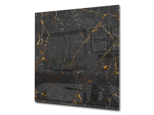 Unique Glass kitchen panel – Tempered Glass backsplash – Art design Glass Upstand NBS02 Marbles 2 Series: Black interwoven with gold
