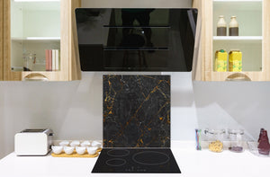 Unique Glass kitchen panel – Tempered Glass backsplash – Art design Glass Upstand NBS02 Marbles 2 Series: Black interwoven with gold