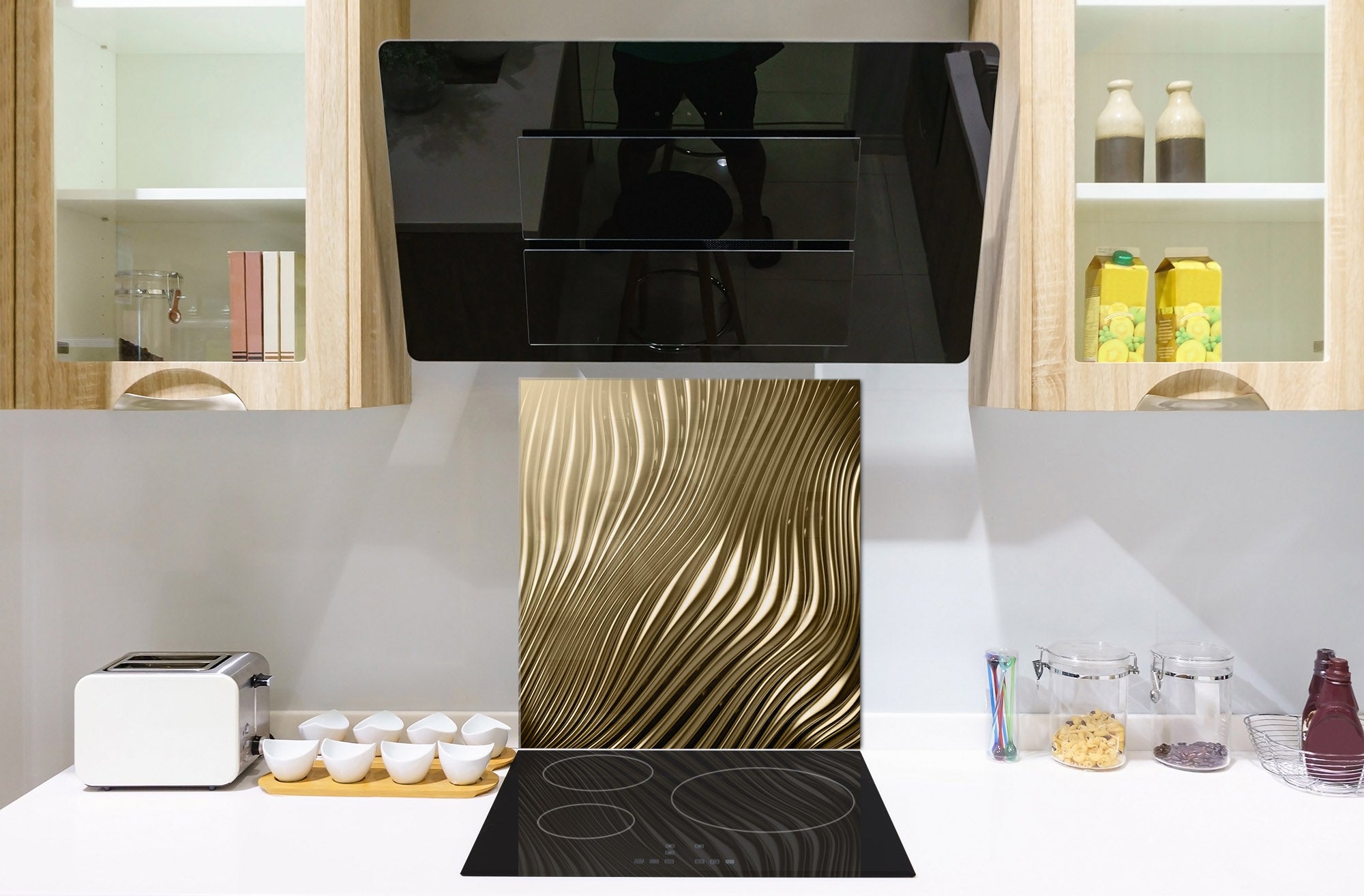 Stylish Tempered glass backsplash – Glass kitchen splashback – Glass upstand NBS08 Golden Waves Series: Golden metal strips