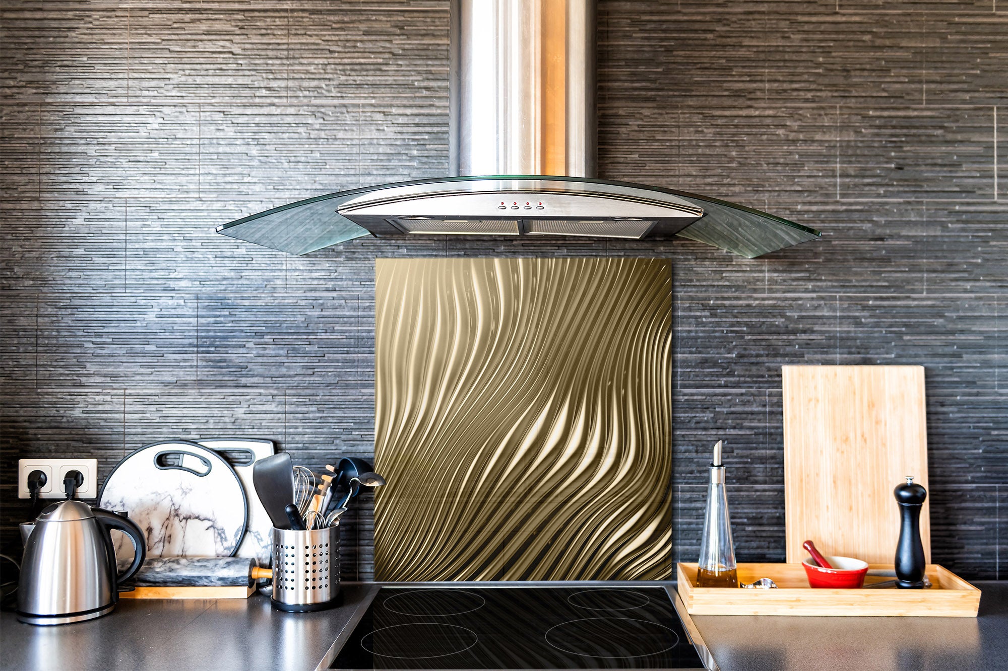 Stylish Tempered glass backsplash – Glass kitchen splashback – Glass upstand NBS08 Golden Waves Series: Golden metal strips