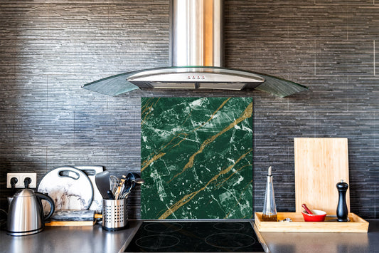 Stylish Tempered glass backsplash – Glass kitchen splashback – Glass upstand NBS01 Marbles 1 Series: Green marble with golden veins 1