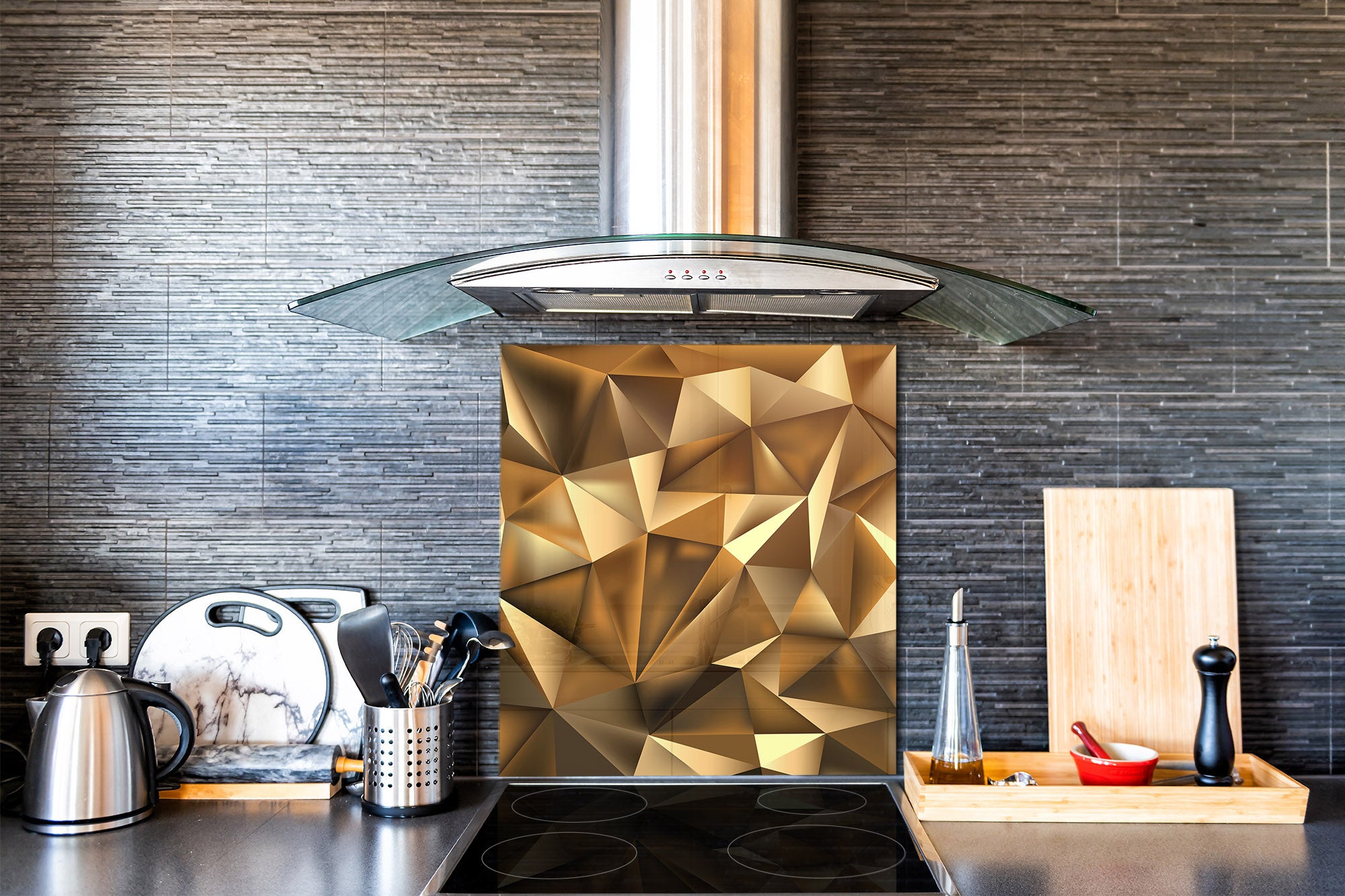 Stylish Tempered glass backsplash – Glass kitchen splashback – Glass upstand NBS08 Golden Waves Series: Stylish triangles