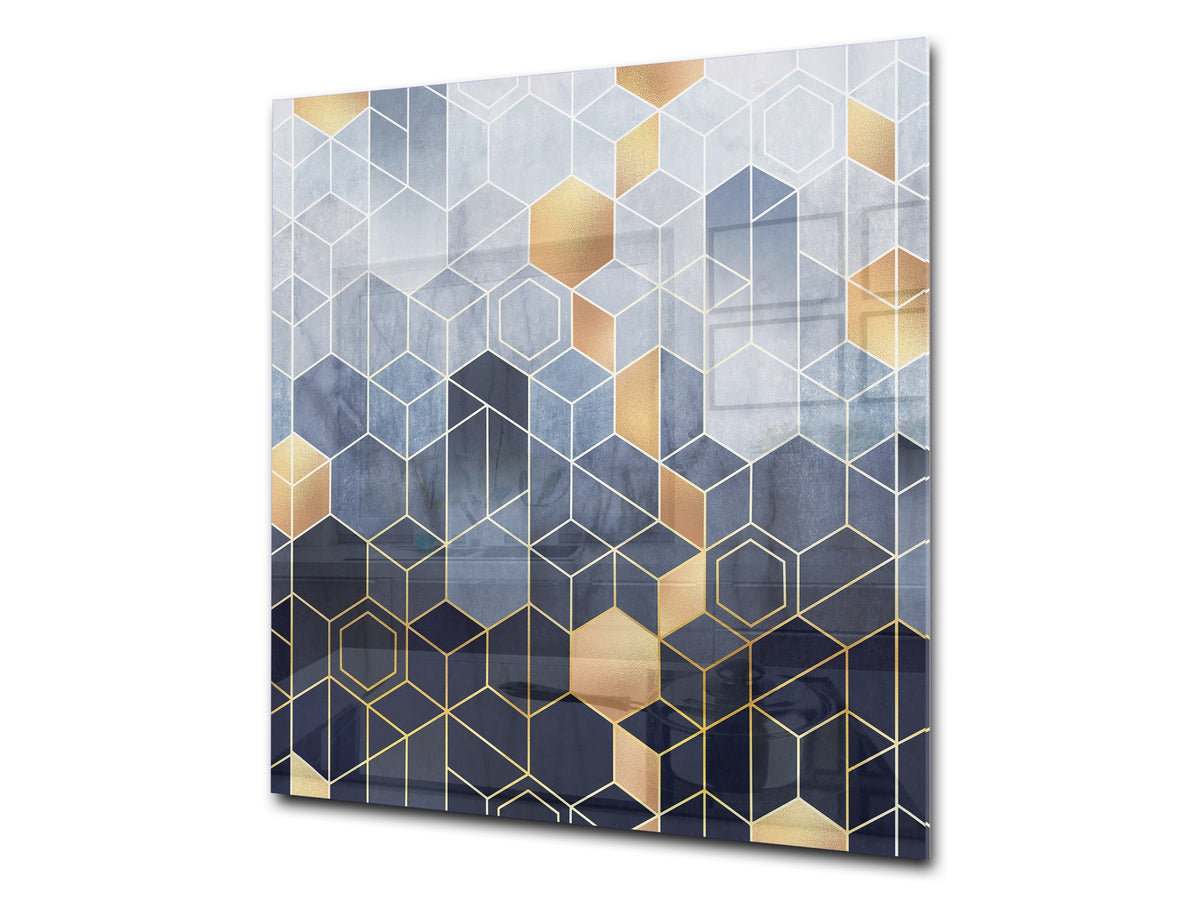 Printed tempered glass backsplash – Glass kitchen splashback NBS06 Textures and tiles 2 Series: Golden-blue geometric abstraction