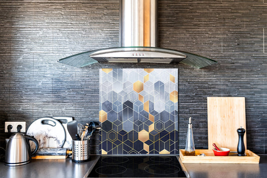 Printed tempered glass backsplash – Glass kitchen splashback NBS06 Textures and tiles 2 Series: Golden-blue geometric abstraction