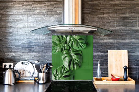 Toughened glass backsplash – Art glass design printed glass splashback NBS11 Tropical Leaves Series: Green monstera deliciosa