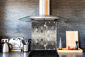 Printed tempered glass backsplash – Glass kitchen splashback NBS06 Textures and tiles 2 Series: Golden-black geometric abstraction
