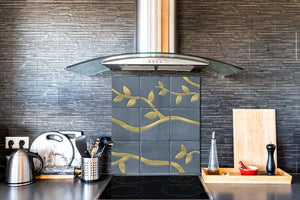 Printed Tempered glass wall art – Glass kitchen backsplash NBS05 Textures and tiles 1 Series: Golden branches on a blue background