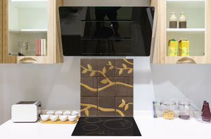 Printed Tempered glass wall art – Glass kitchen backsplash NBS05 Textures and tiles 1 Series: Golden branches on a brown background